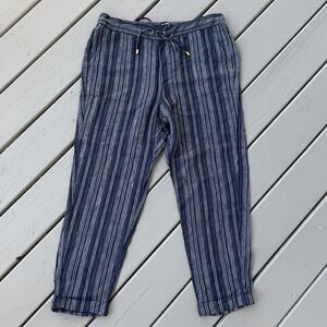 Ellen Tracy 100% Linen Pants Women's Large Navy Blue Striped Drawstring Resort‎